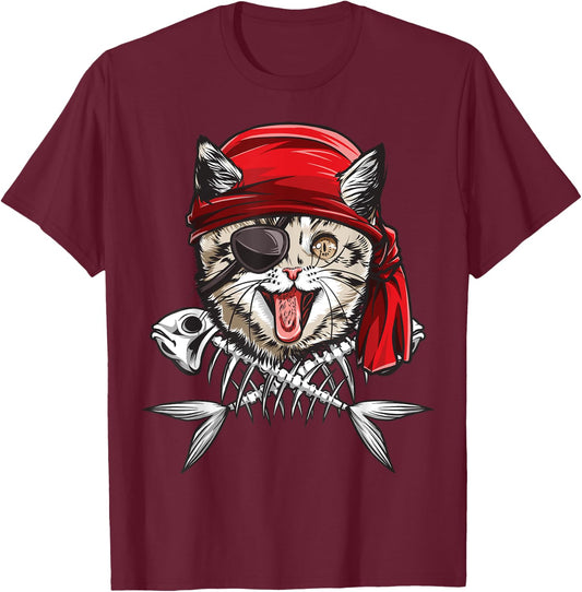 Cat Pirate Boys Men Jolly Roger Flag Skull And Crossbones T-Shirt - T-Shirt | Maroon