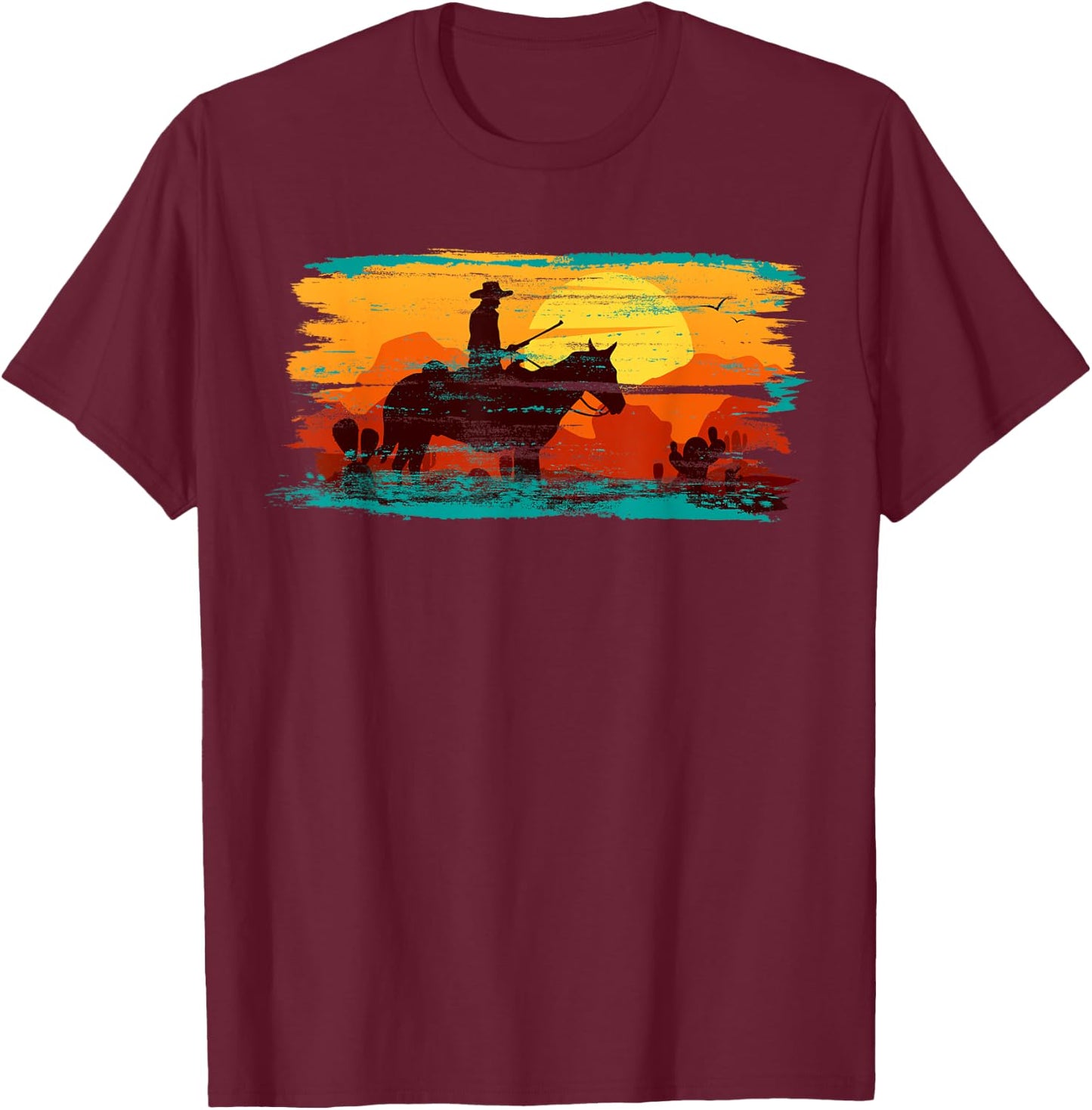 Saddle western cowboy Retro Vintage Western Sunset T-Shirt - T-Shirt | Maroon
