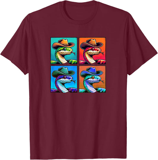 Snake In Cowboy Hat Funny Animal Cowboy Snake Owner Pic T-Shirt - T-Shirt | Maroon