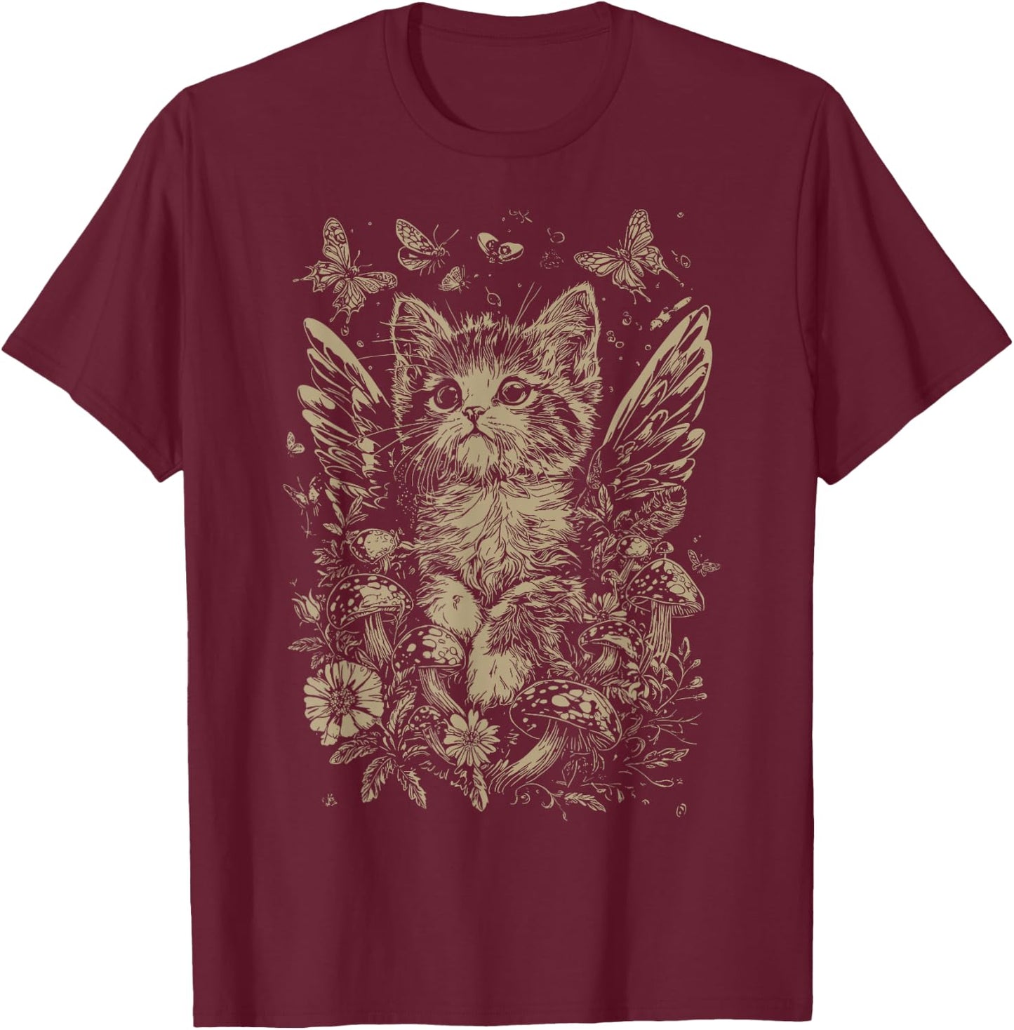 Cute Fairycore Floral Cat Aesthetic Girls Women Fairy Cat T-Shirt - T-Shirt | Maroon
