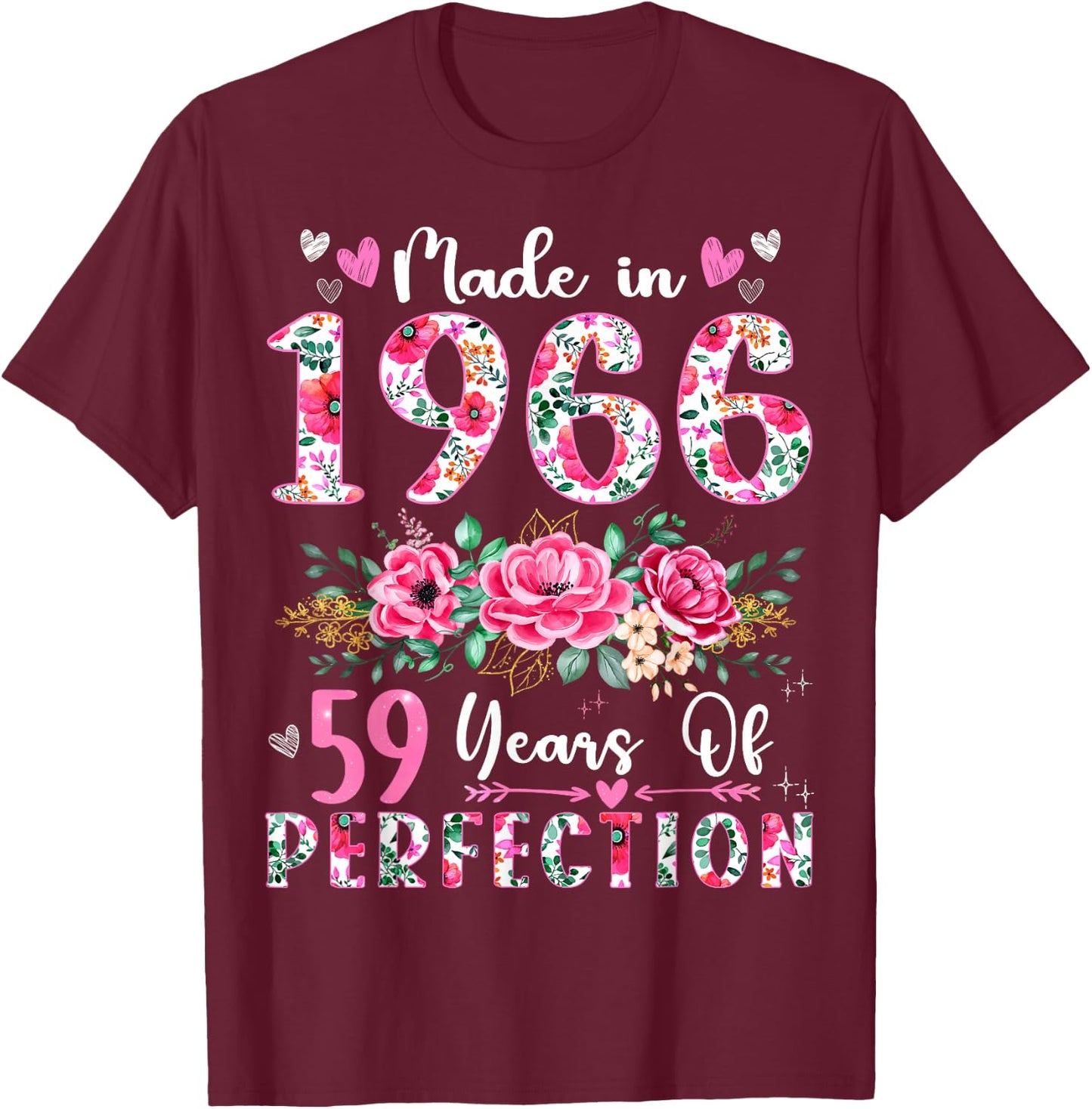 59 Year Old Made In 1966 Floral 59th Birthday Women T-Shirt - T-Shirt | Maroon