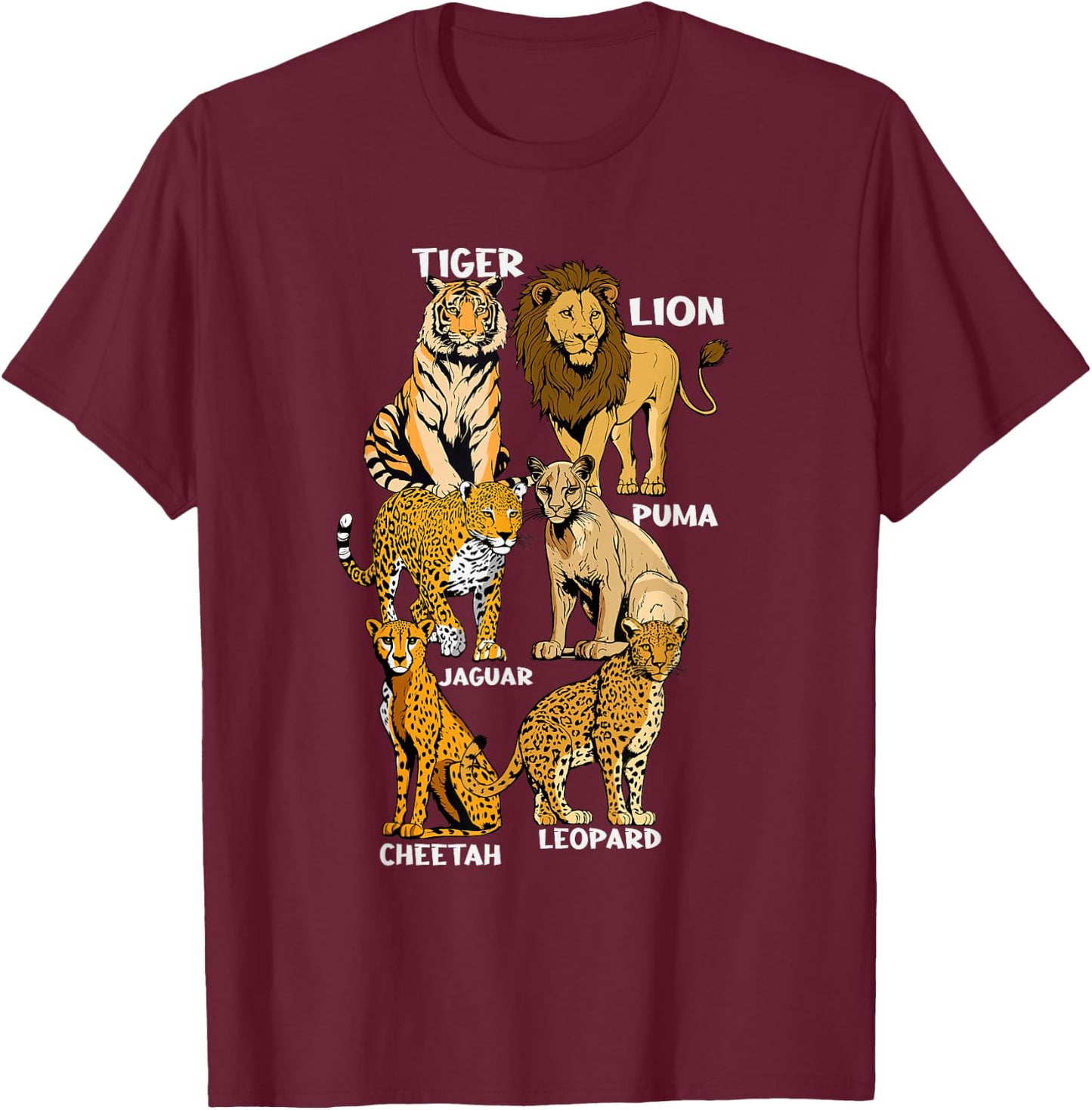 Wildcats Of The World Kids Lion Cheetah Tiger Jaguar Leopard T-Shirt - T-Shirt | Maroon