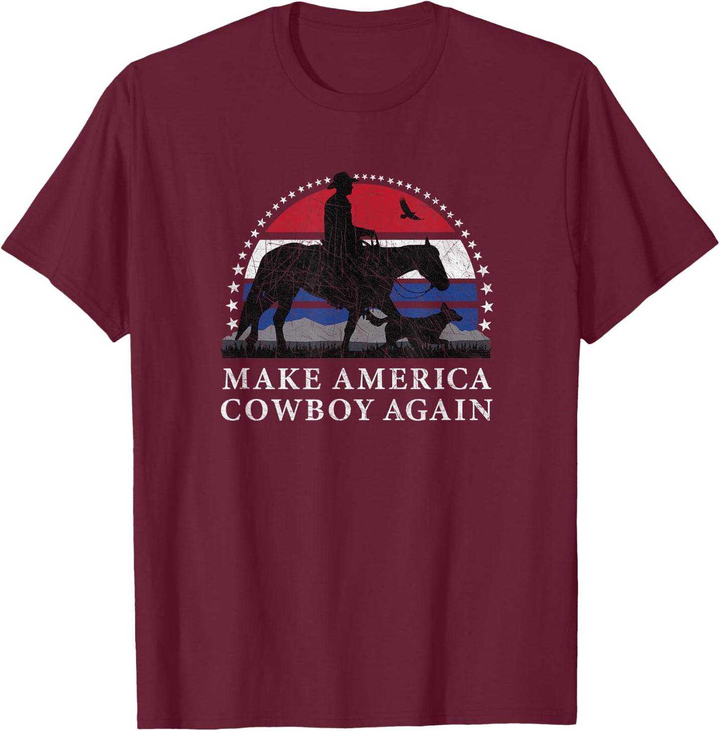 MAKE AMERICA COWBOY AGAIN, HORSE AND DOG DESIGN, FUNNY Gift T-Shirt - T-Shirt | Maroon