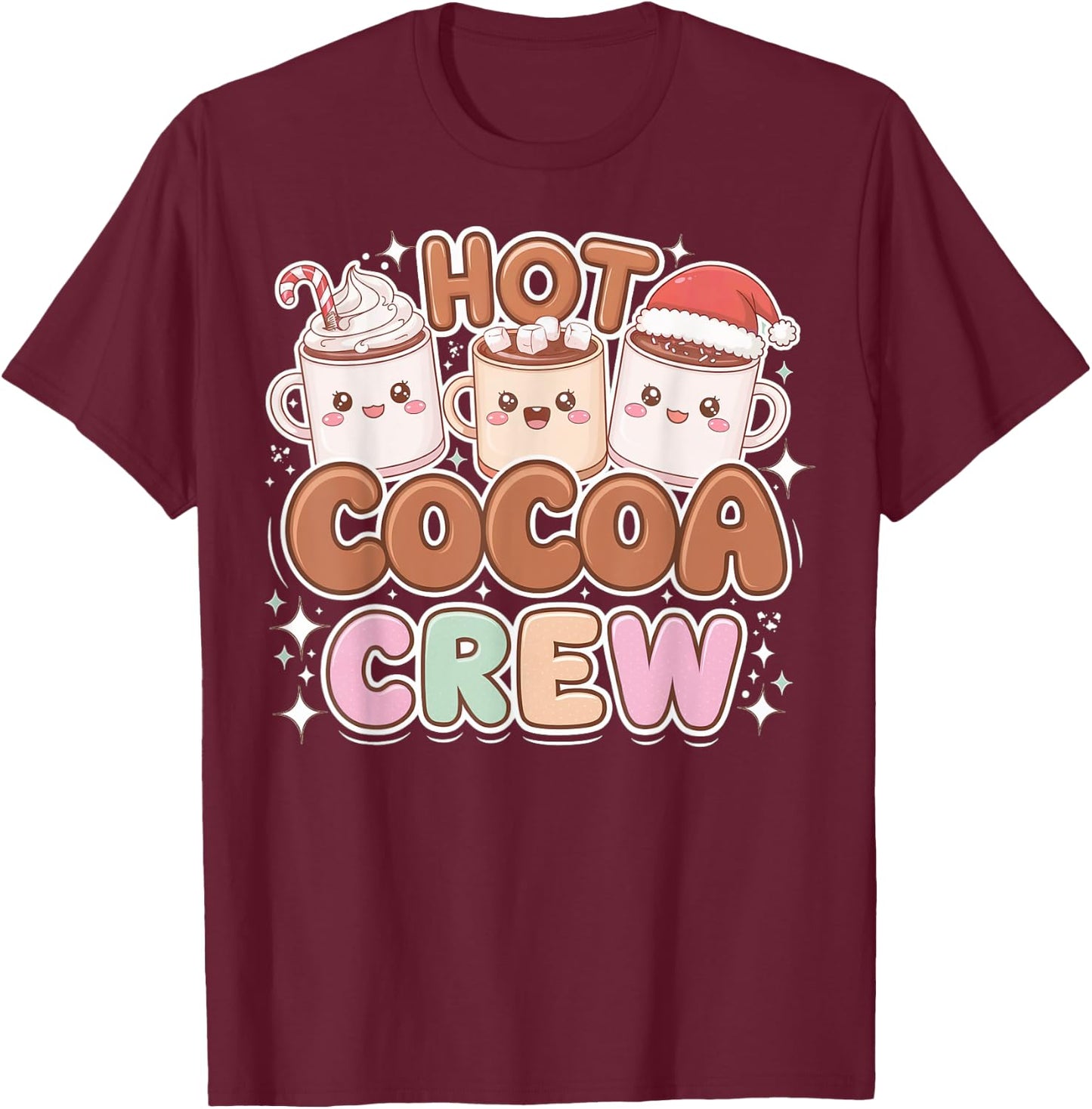 Funny Christmas Hot Cocoa and Marshmallow Crew T-Shirt - T-Shirt | Maroon