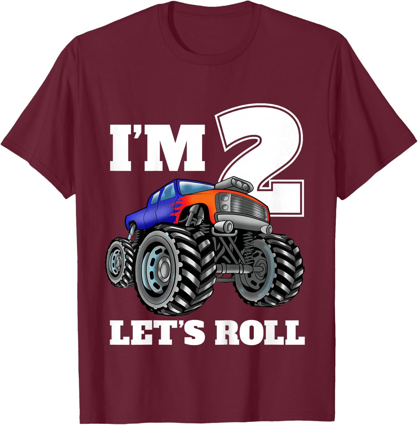 Kids Monster Truck 2nd Birthday Boy 2 Two Year Old T-Shirt - T-Shirt | Maroon