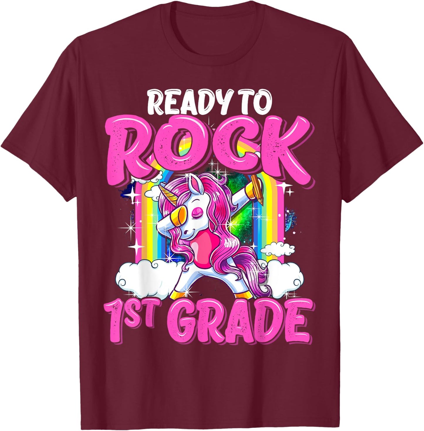 Ready To Rock 1st Grade Dabbing Unicorn Back To School Girls T-Shirt - T-Shirt | Maroon