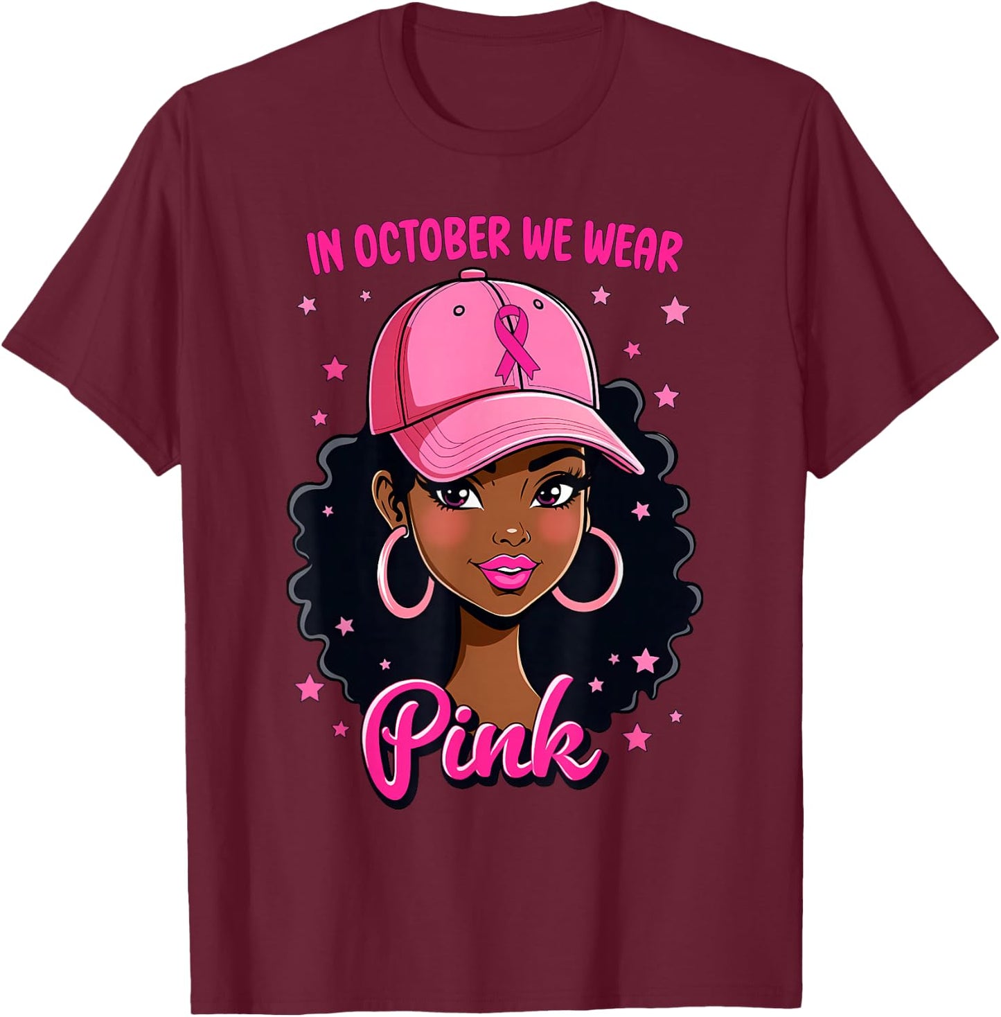 In October We Wear Pink Breast Cancer Awareness Black Girl T-Shirt - T-Shirt | Maroon