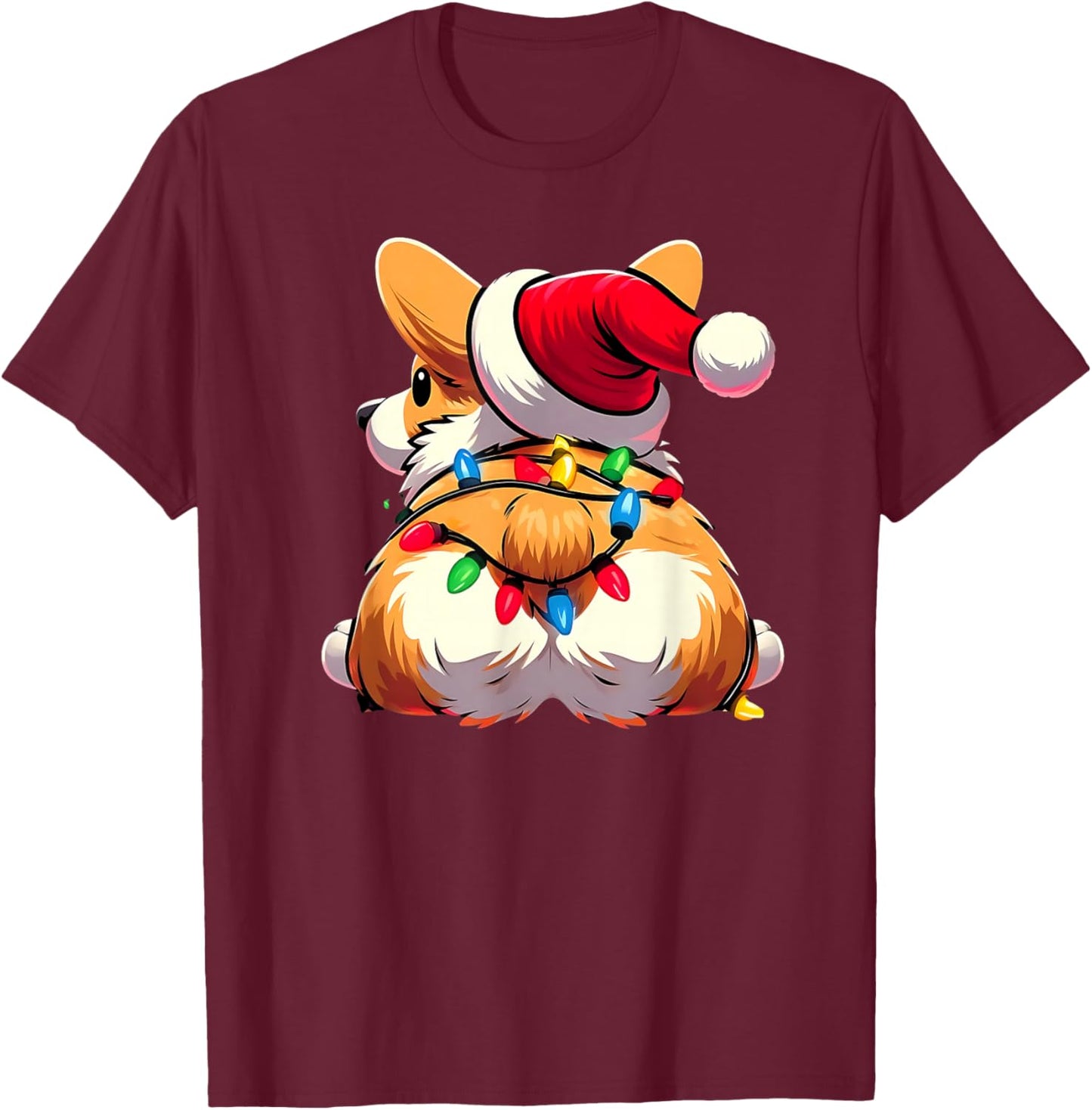 Corgi Butt Funny Xmas Santa Hat Light Christmas Cute Smile T-Shirt - T-Shirt | Maroon