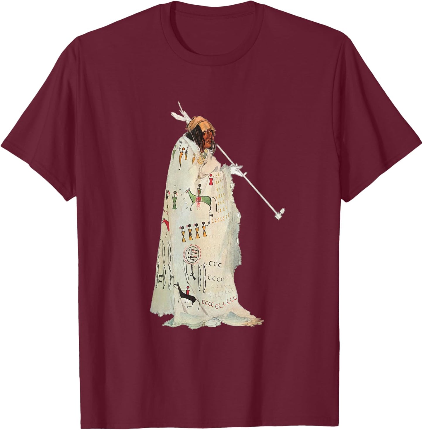 Native American Indian with Pipe by Karl Bodmer T-Shirt - T-Shirt | Maroon