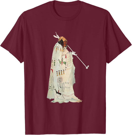 Native American Indian with Pipe by Karl Bodmer T-Shirt - T-Shirt | Maroon