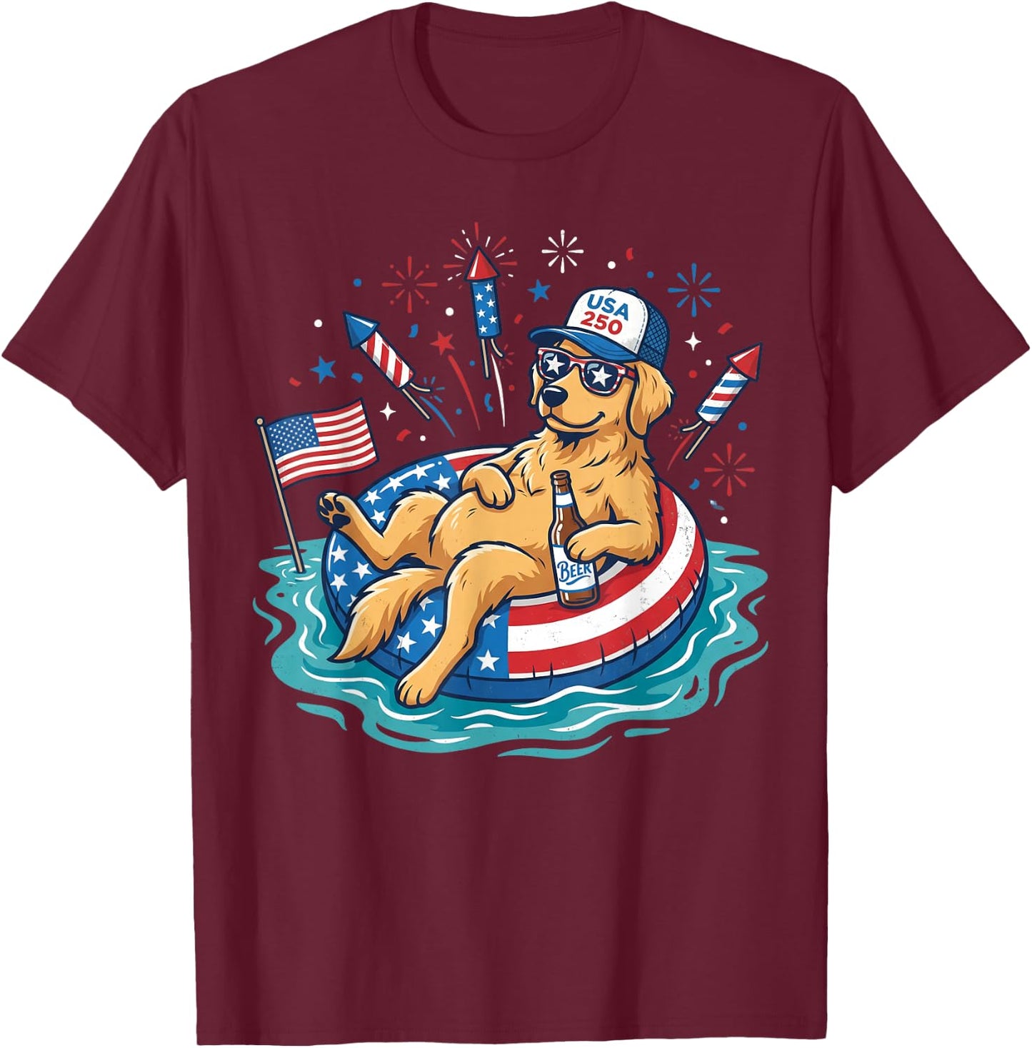 Patriotic Golden Retriever Beer Floatie USA Flag 4th of July T-Shirt - T-Shirt | Maroon