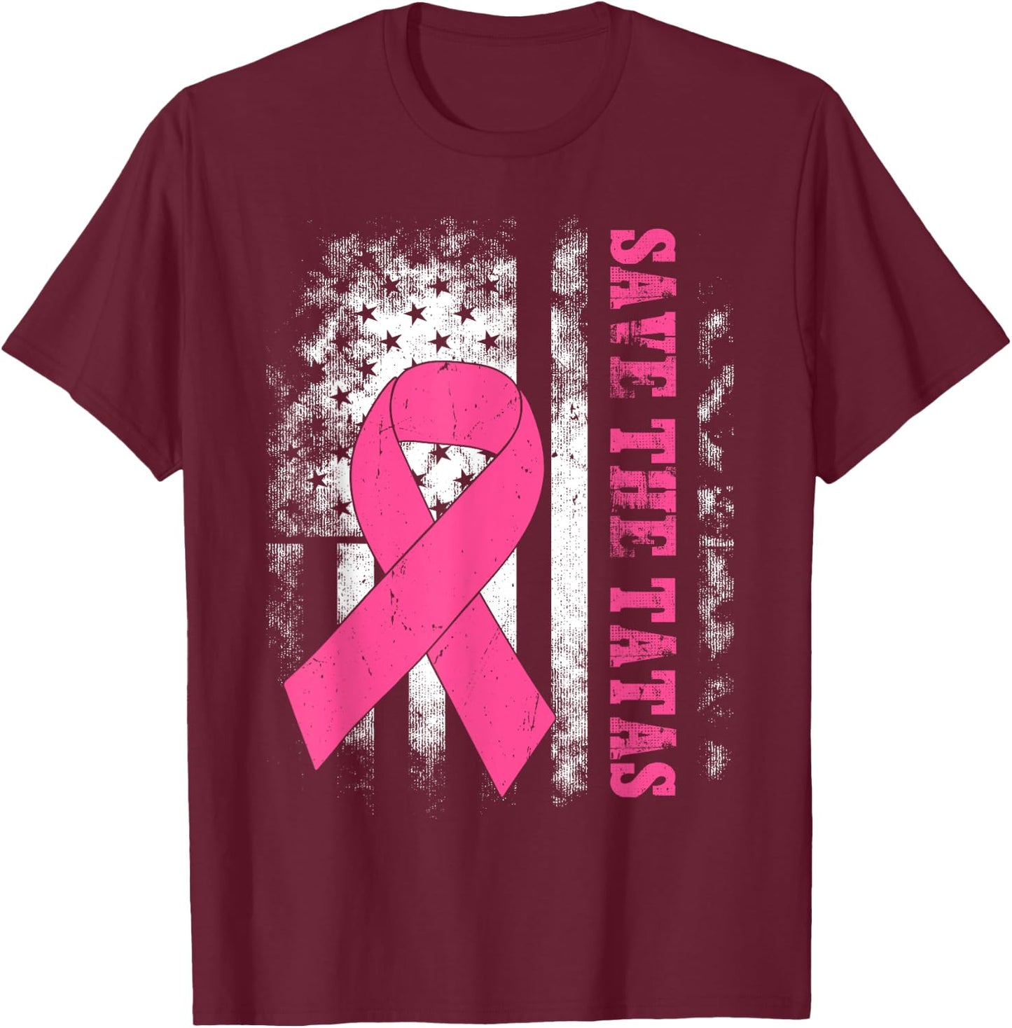 Save The Tatas Breast Cancer Awareness USA Flag Pink Ribbon T-Shirt - T-Shirt | Maroon