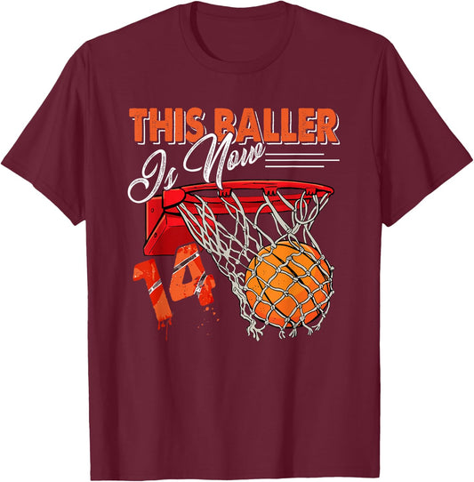 14th Birthday Basketball Funny 14 Years Old Kids Gift T-Shirt - T-Shirt | Maroon
