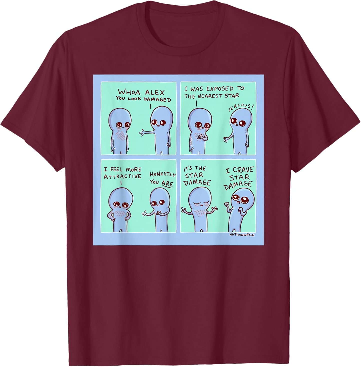 Threadless Nathan W. Pyle Strange Planet Star Damage Graphic T-Shirt - T-Shirt | Maroon