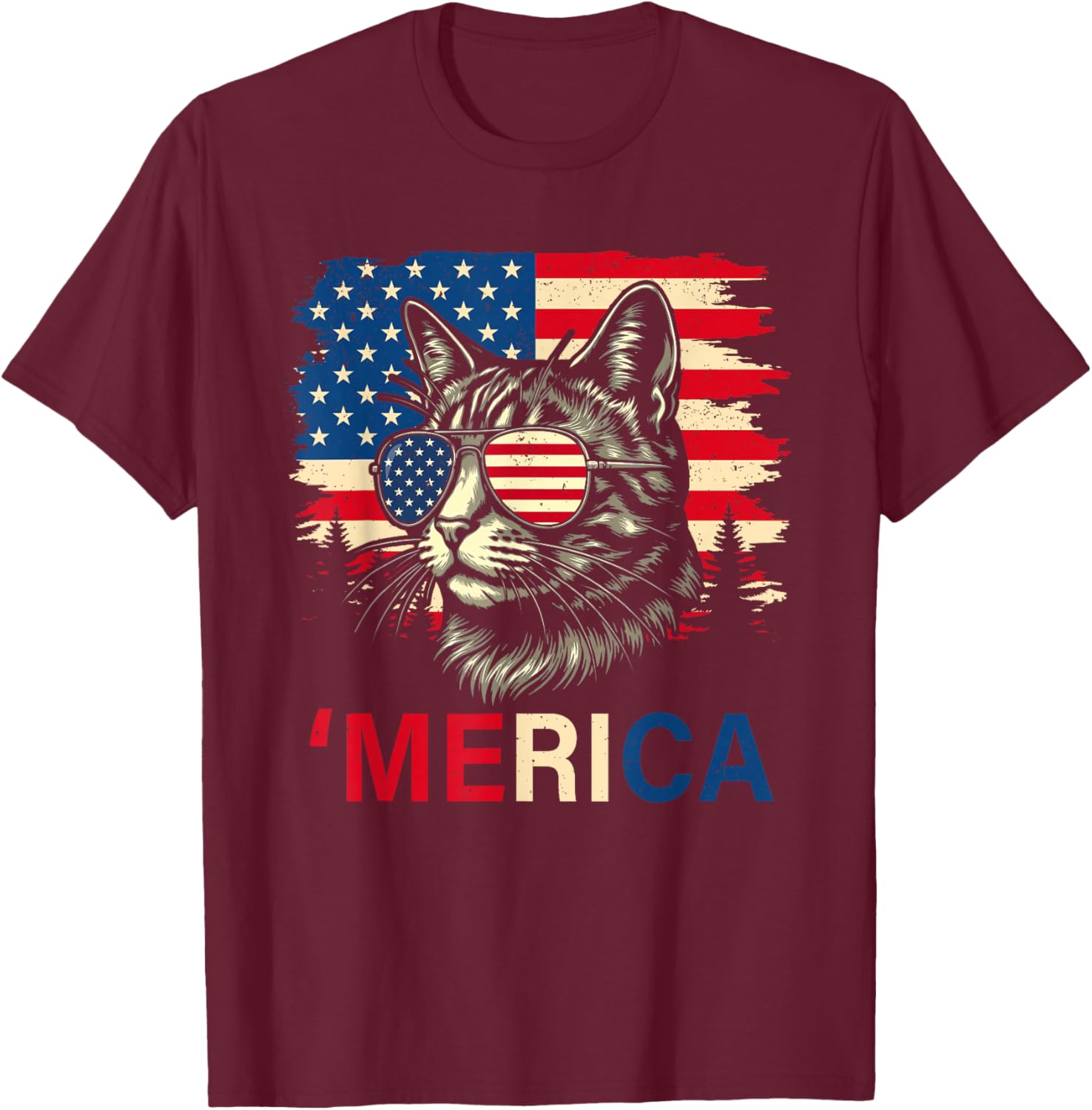 'Merica Cat Patriotic USA Flag Sunglasses Funny Men Women T-Shirt - T-Shirt | Maroon