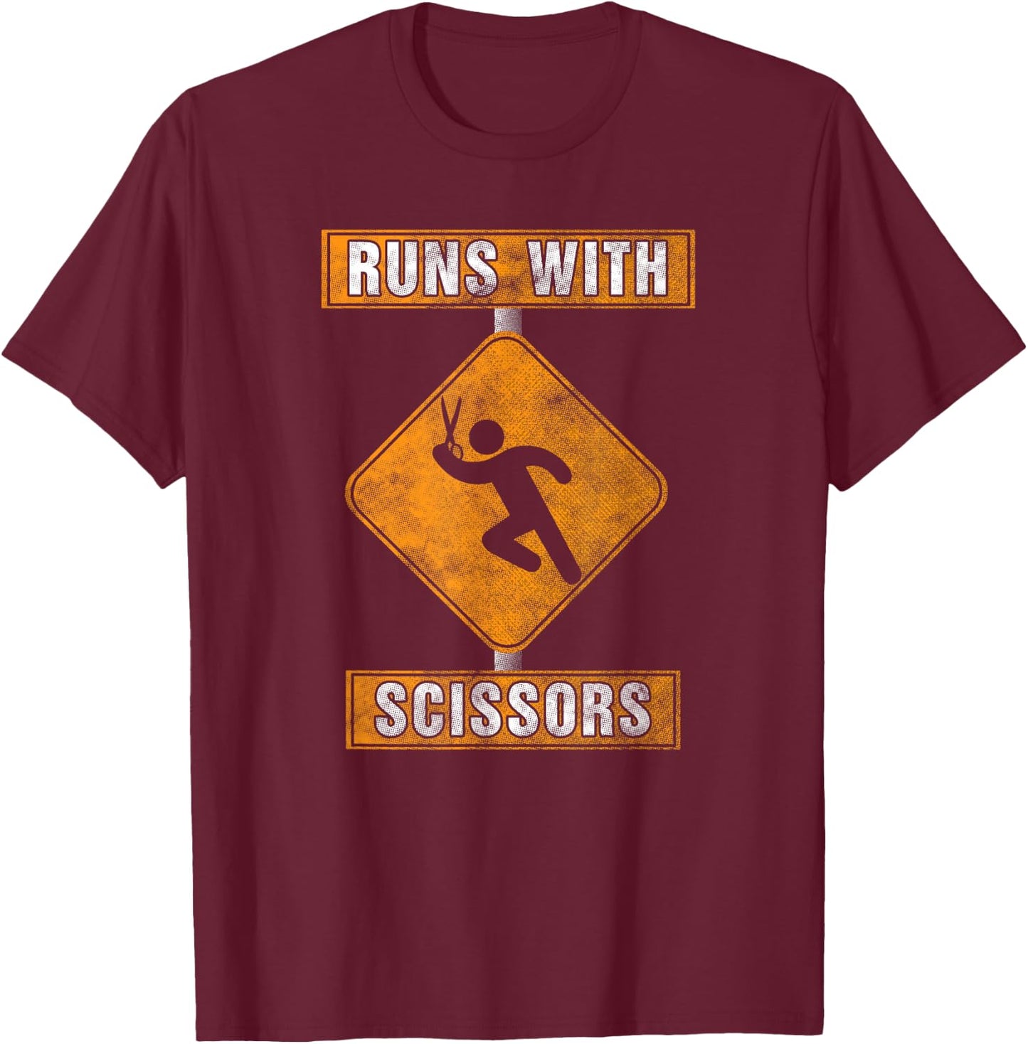 Runs With Scissors Look Out Warning t shirt T-Shirt - T-Shirt | Maroon