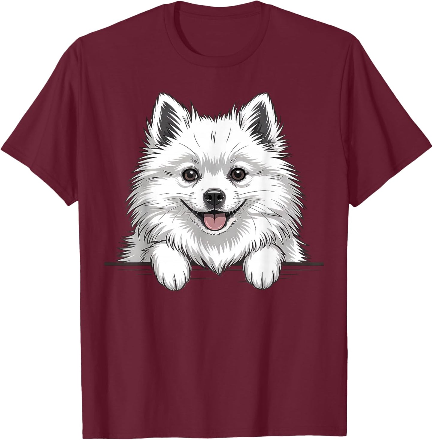 Japanese Spitz Funny Peeking White Fluffy Dog T-Shirt - T-Shirt | Maroon