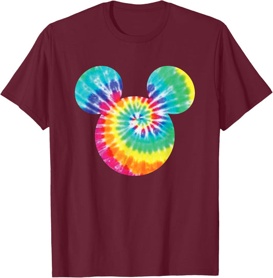 Disney Mickey Mouse Icon Rainbow Tie-Dye Short Sleeve T-Shirt - T-Shirt | Maroon