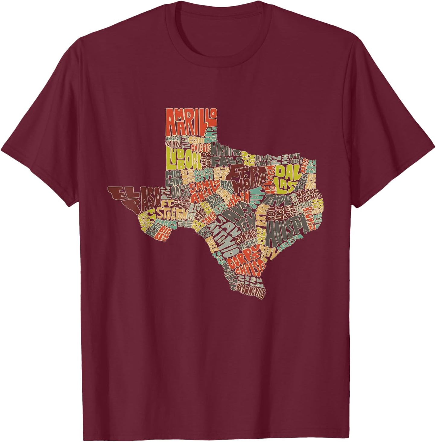Collage of Texas States Artistic Texas T-Shirt - T-Shirt | Maroon
