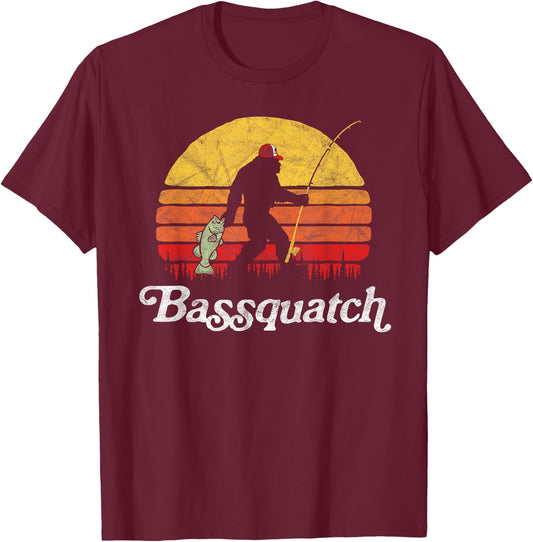 Bigfoot UFO Believer 2001 Bassquatch! Funny Bigfoot Fishing Adults Kids Retro Black Medium T-Shirt - T-Shirt | Maroon