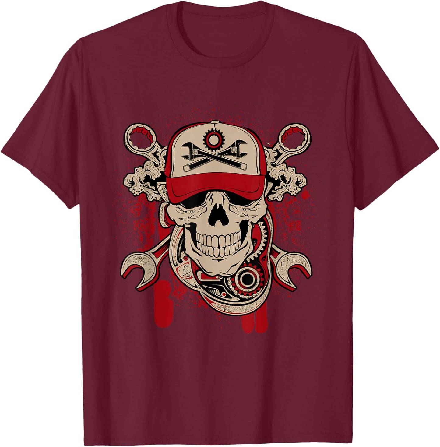 Vintage Mechanic Skull and Wrench Graphic T-Shirt - T-Shirt | Maroon