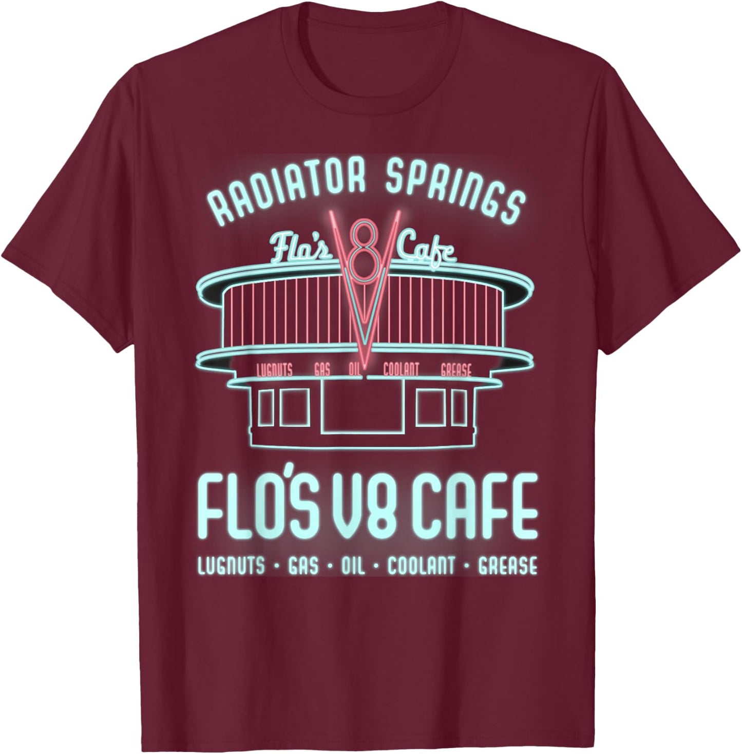 Disney Pixar Cars Flo's V8 Cafe Neon Sign Vintage Poster T-Shirt - T-Shirt | Maroon