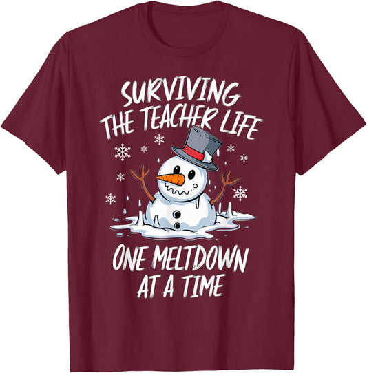 Christmas Surviving Teacher Life Meltdown Xmas Snowman T-Shirt - T-Shirt | Maroon