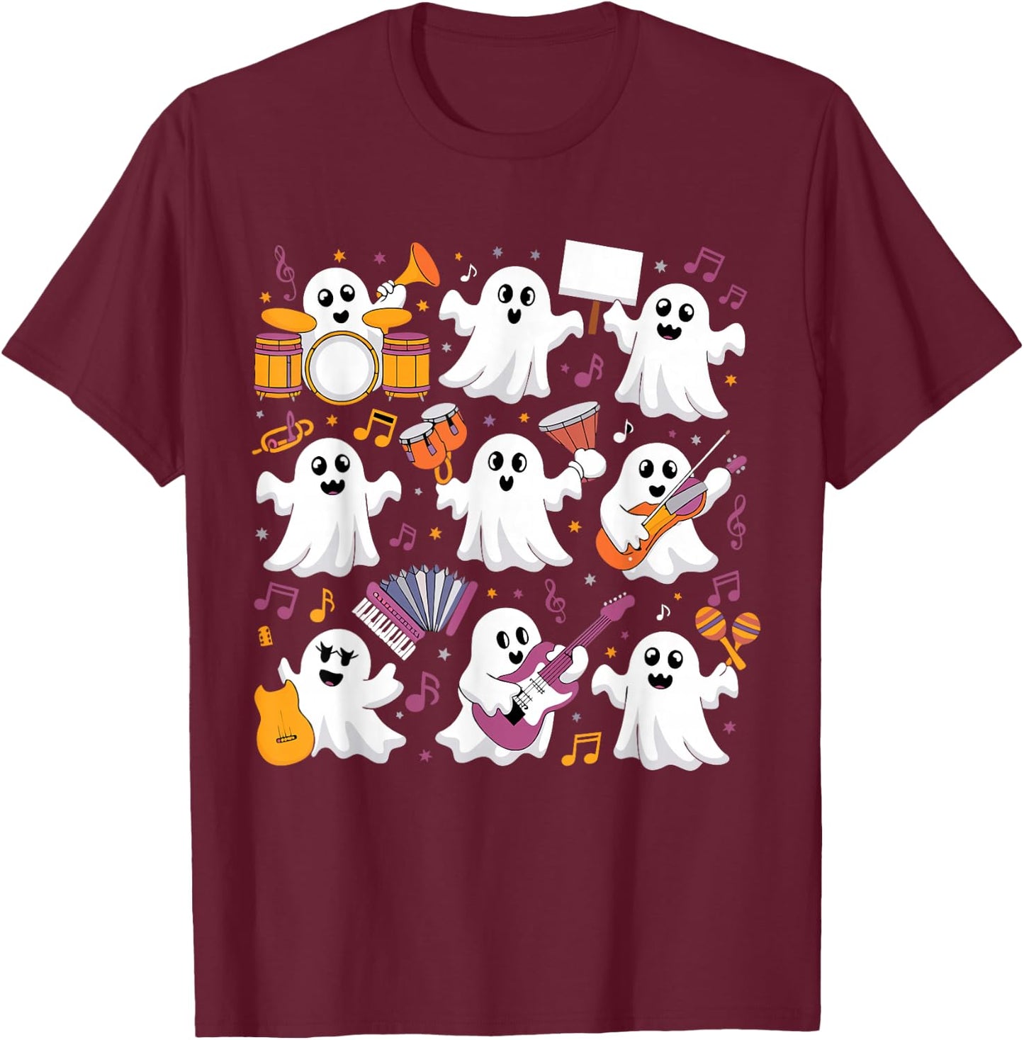 Halloween Ghost Music Teacher Playing Instruments T-Shirt - T-Shirt | Maroon