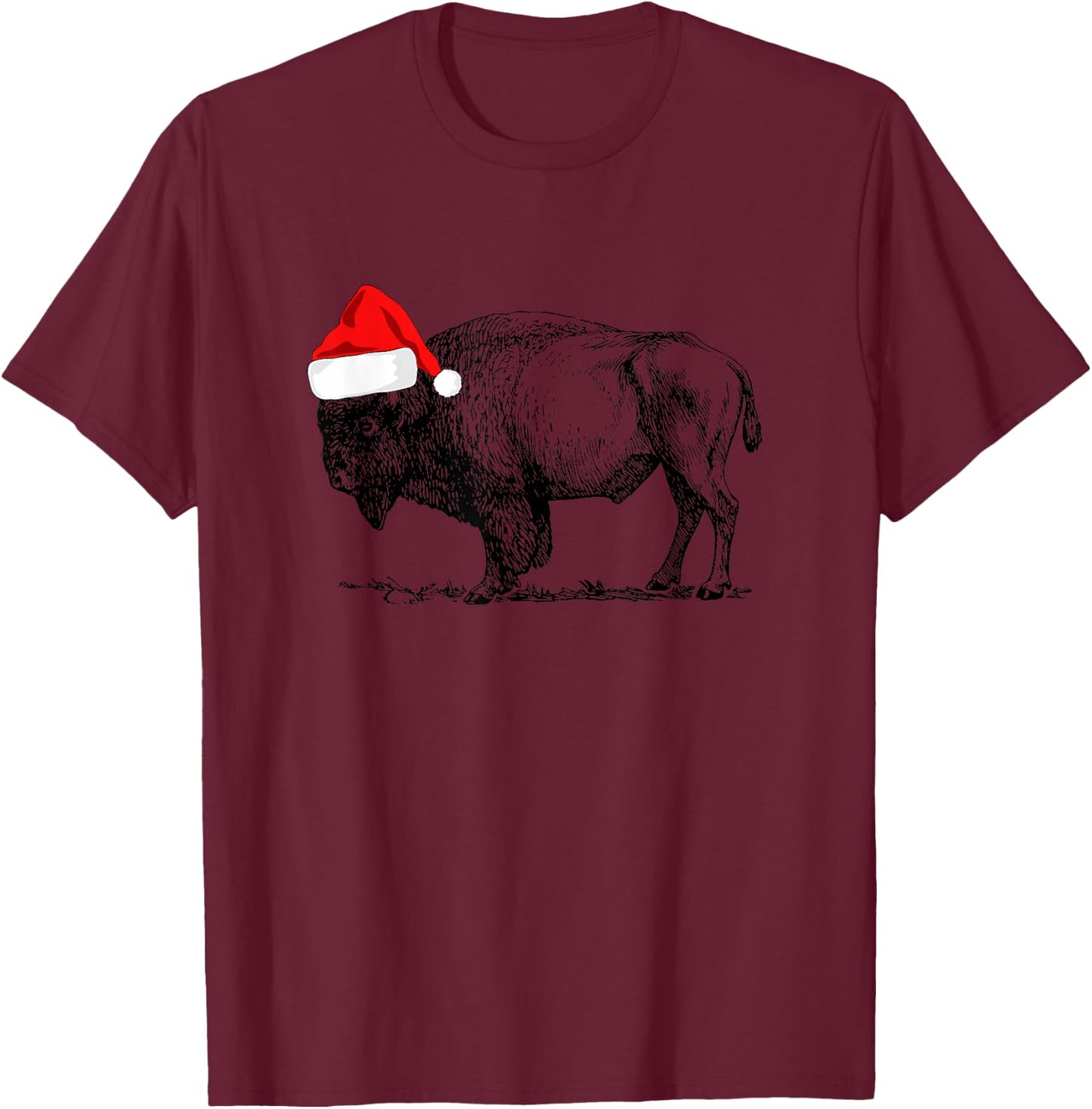 Buffalo Bison Christmas: Buffalo in Santa Hat T-Shirt - T-Shirt | Maroon