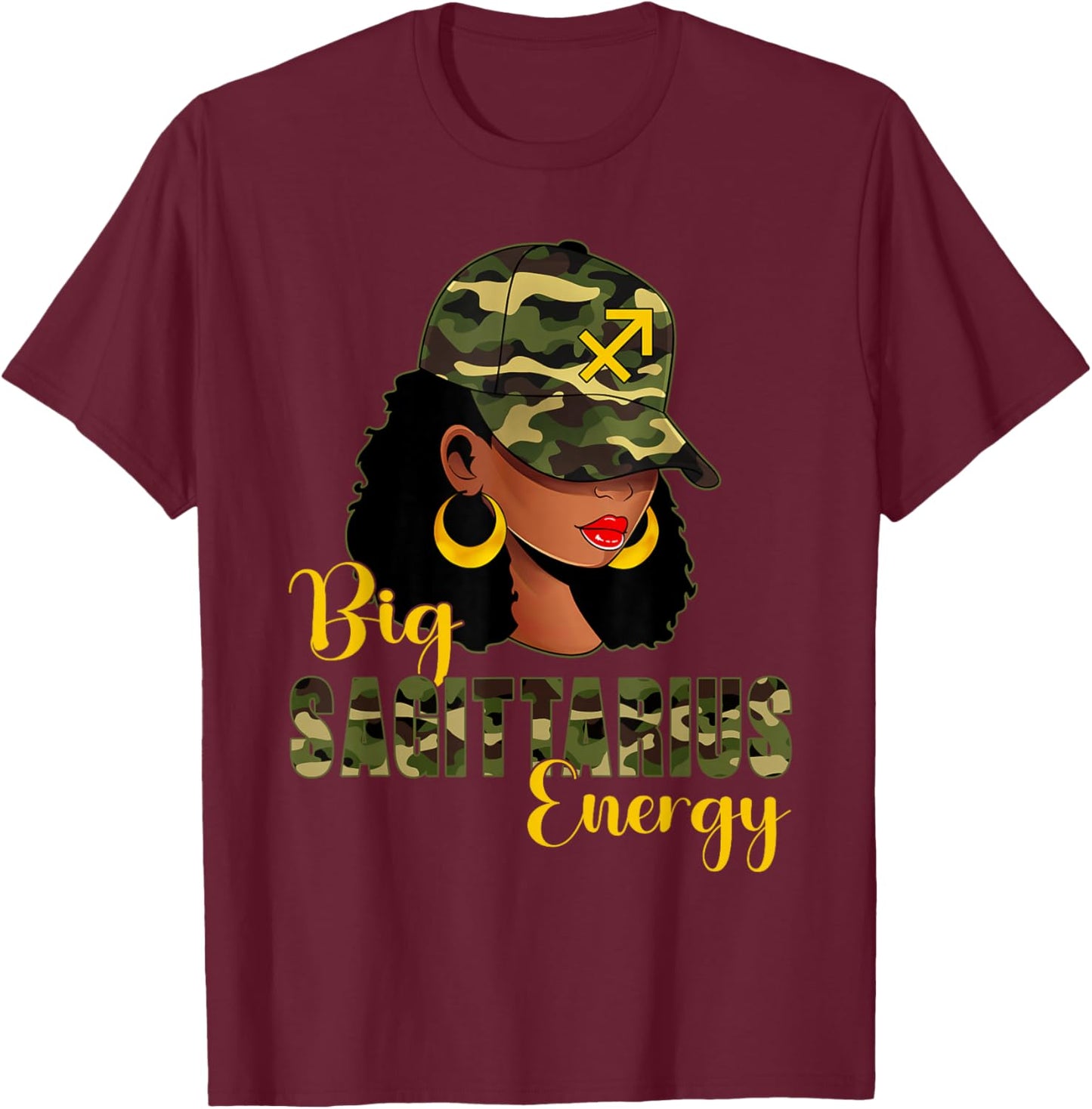 Big Sagittarius Energy Camouflage Black Woman Cap Zodiac T-Shirt - T-Shirt | Maroon
