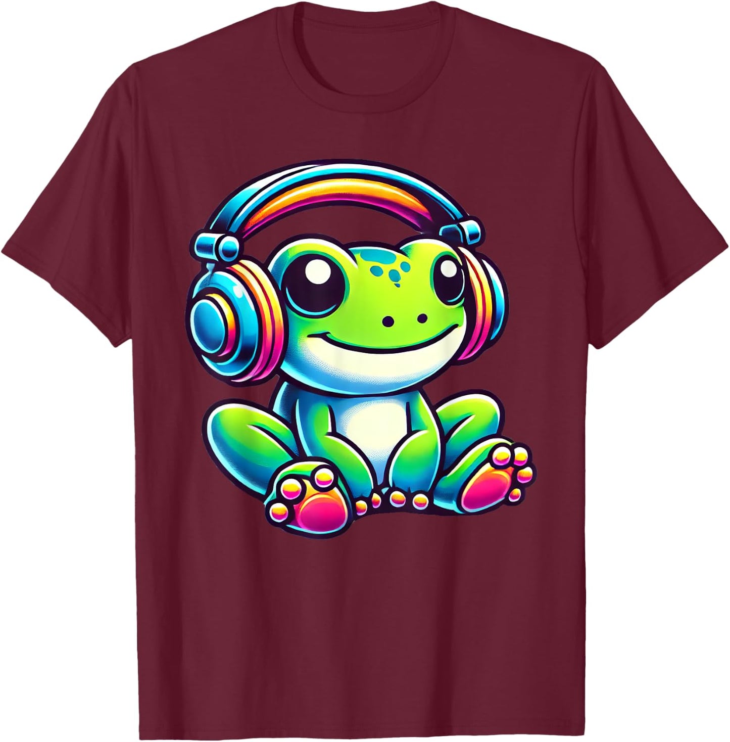 Cute Frog Wearing Headphones T-Shirt - T-Shirt | Maroon