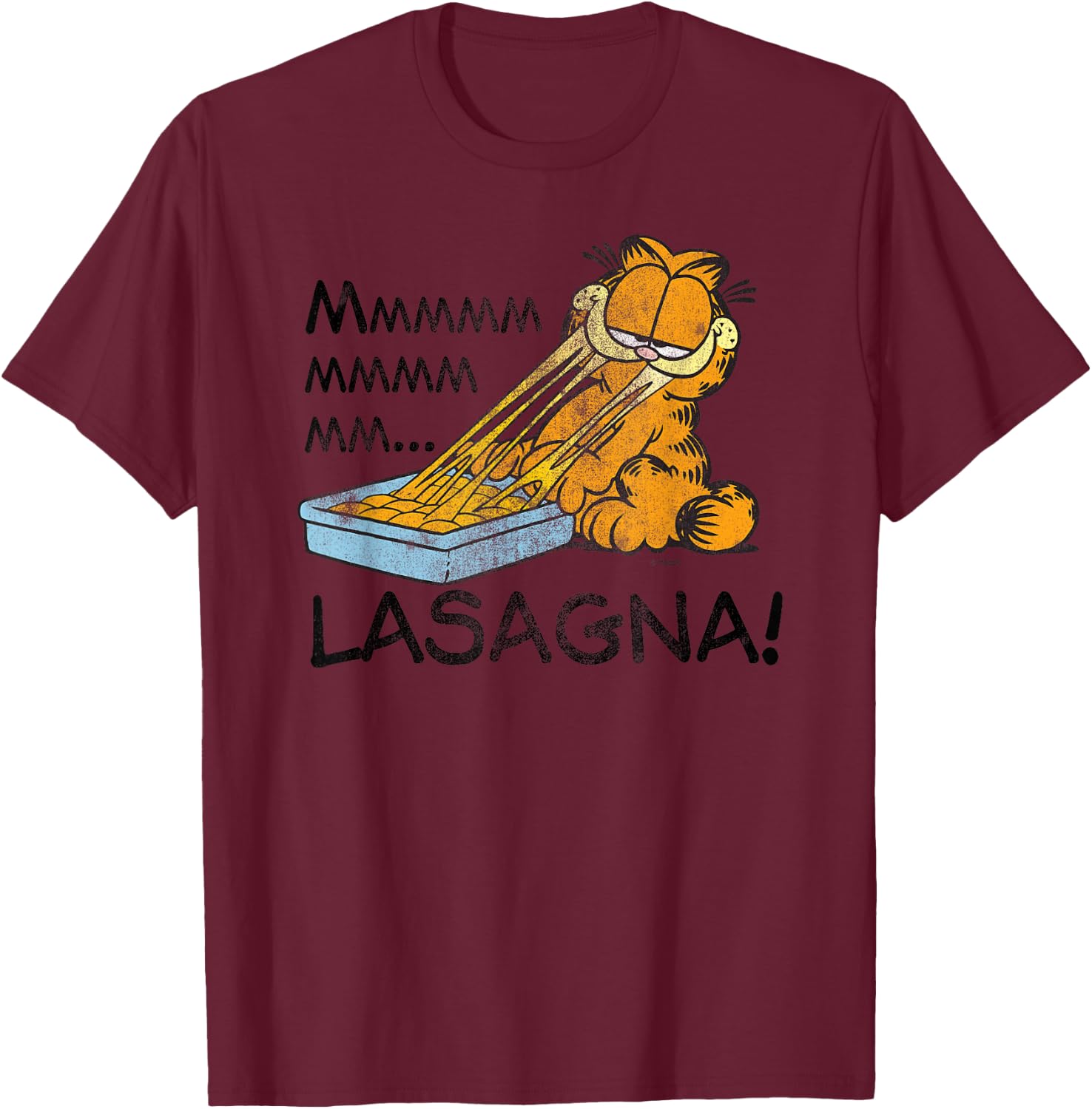 Garfield Lasagna Mmm Cat Cartoon T-Shirt - T-Shirt | Maroon
