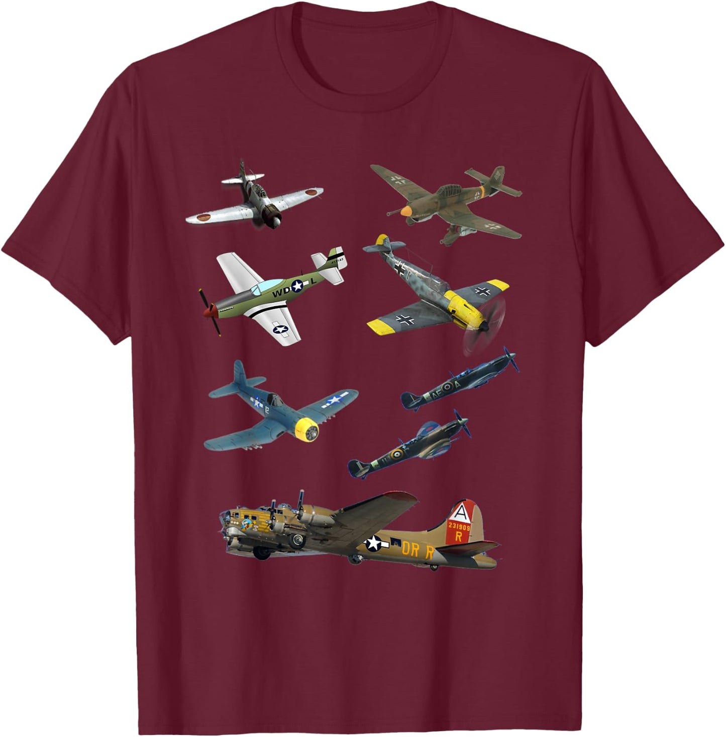 WW2 Planes Warbirds P51 Mustang Spitfire Messerschmitt T-Shirt - T-Shirt | Maroon