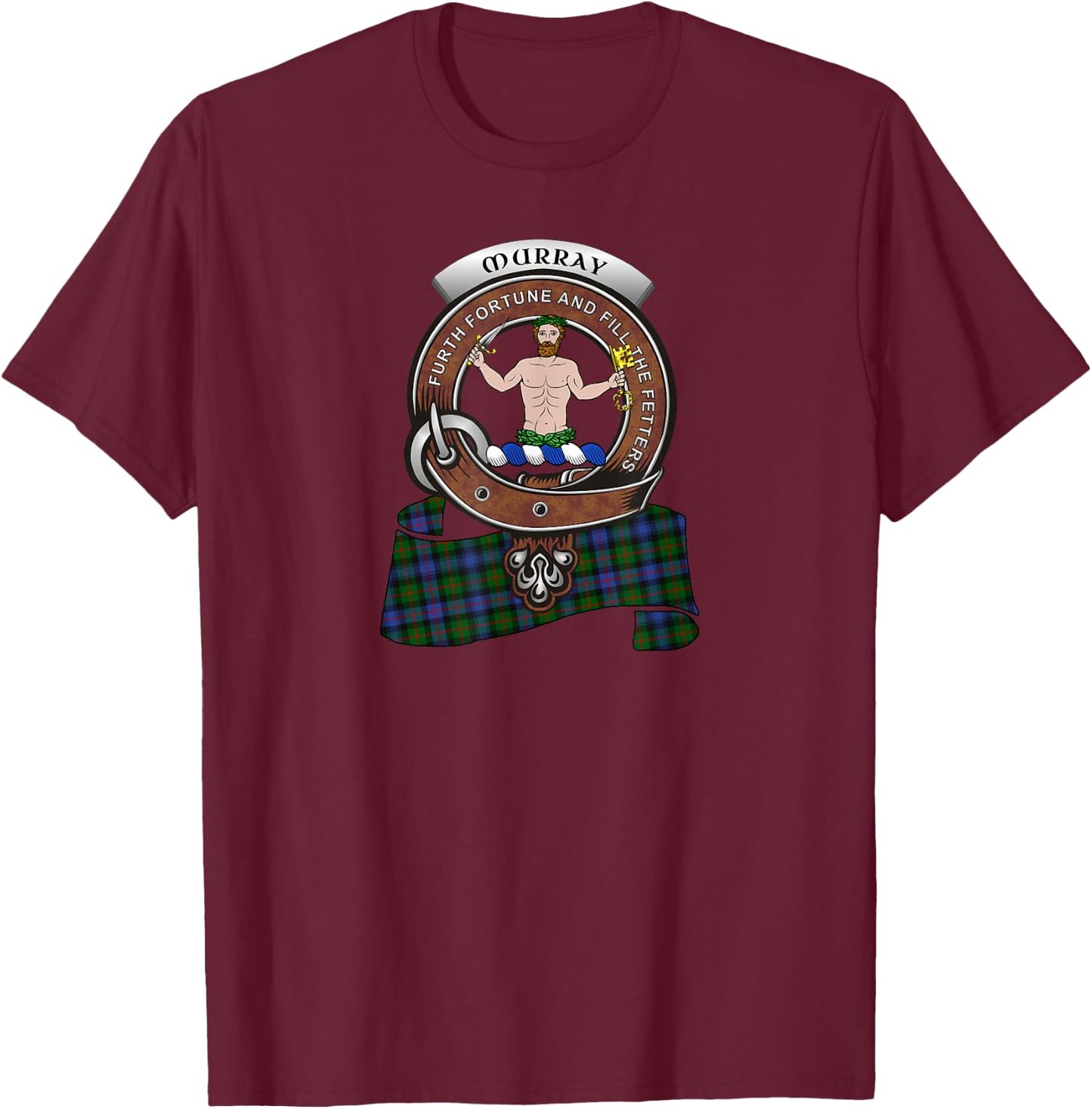 Murray (Atholl) Clan Badge & Tartan T-Shirt - T-Shirt | Maroon