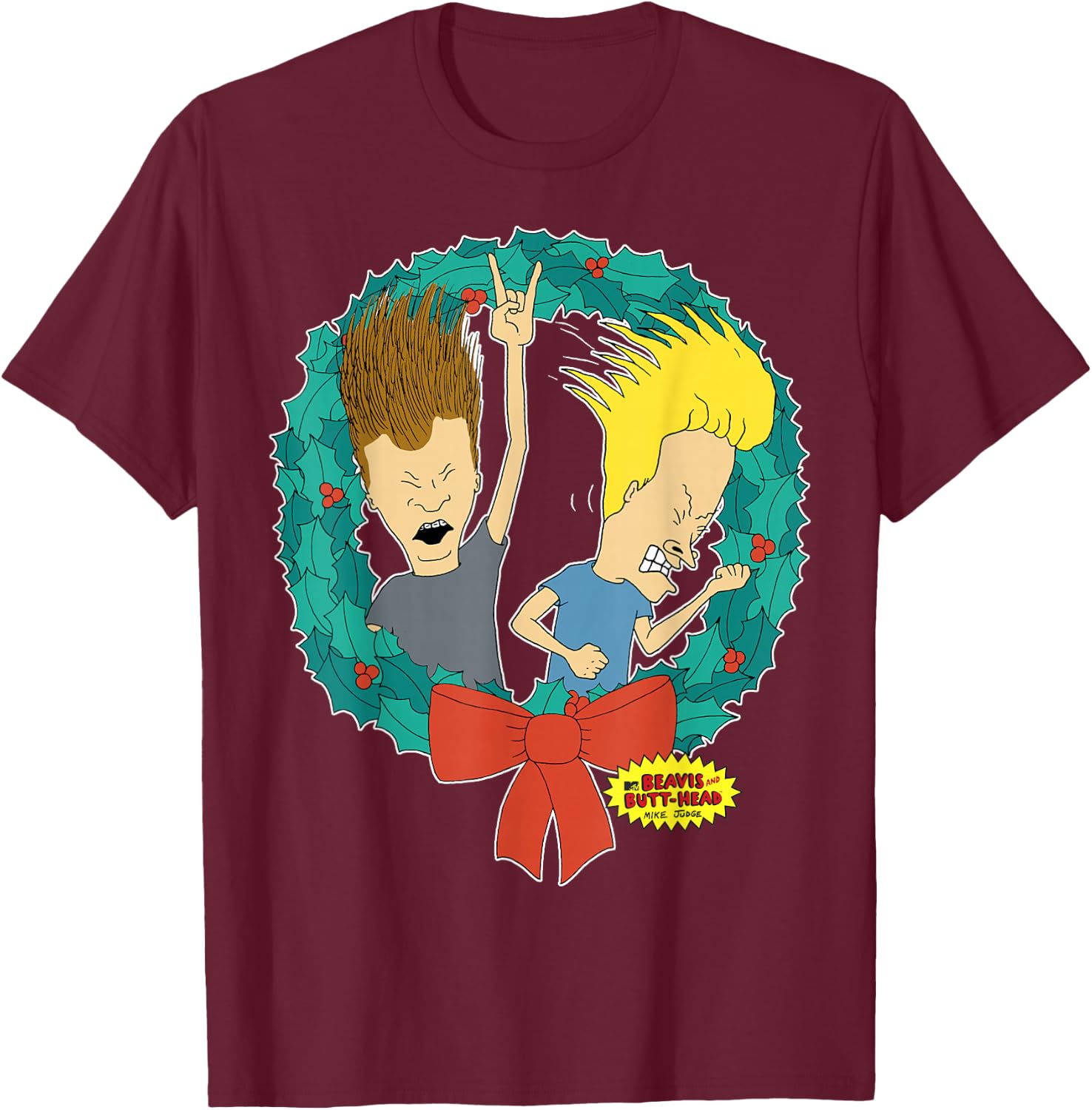 Beavis and Butt-Head Rock And Roll Wreath Christmas T-Shirt - T-Shirt | Maroon