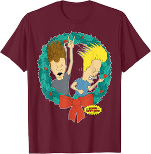 Beavis and Butt-Head Rock And Roll Wreath Christmas T-Shirt - T-Shirt | Maroon