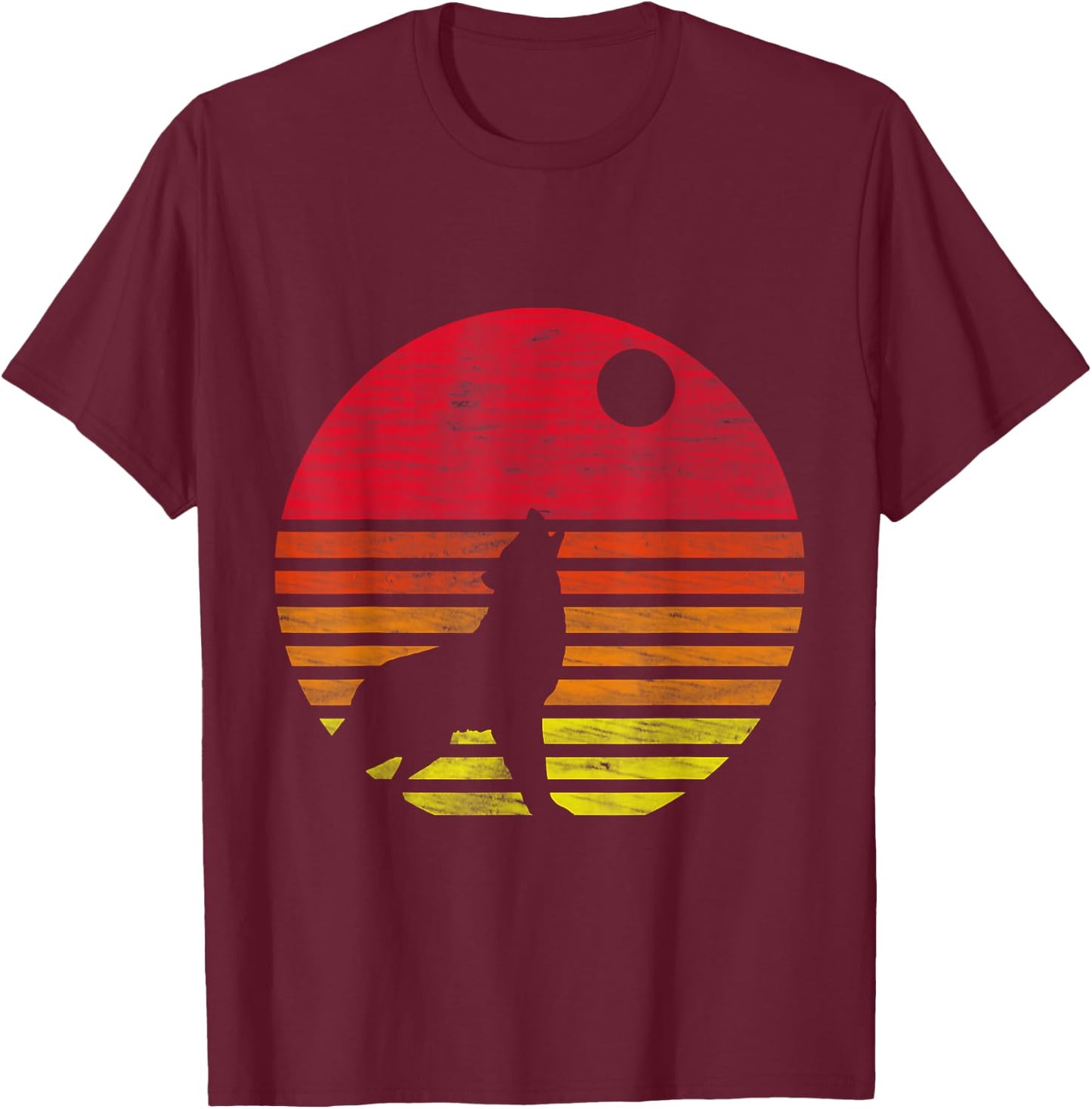 Retro Wolf Howling at The Moon T-Shirt - T-Shirt | Maroon