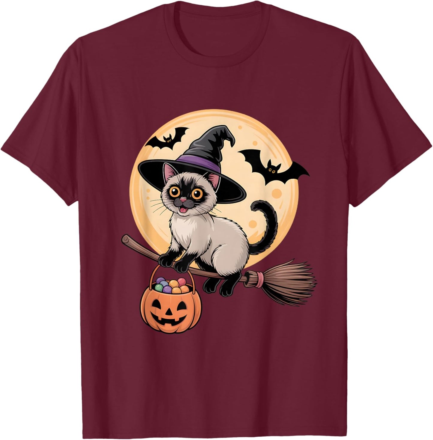 Siamese Cat Witch Hat Pumpkin Halloween Costume Men Women T-Shirt - T-Shirt | Maroon