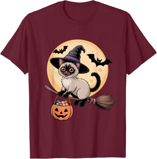 Siamese Cat Witch Hat Pumpkin Halloween Costume Men Women T-Shirt - T-Shirt | Maroon