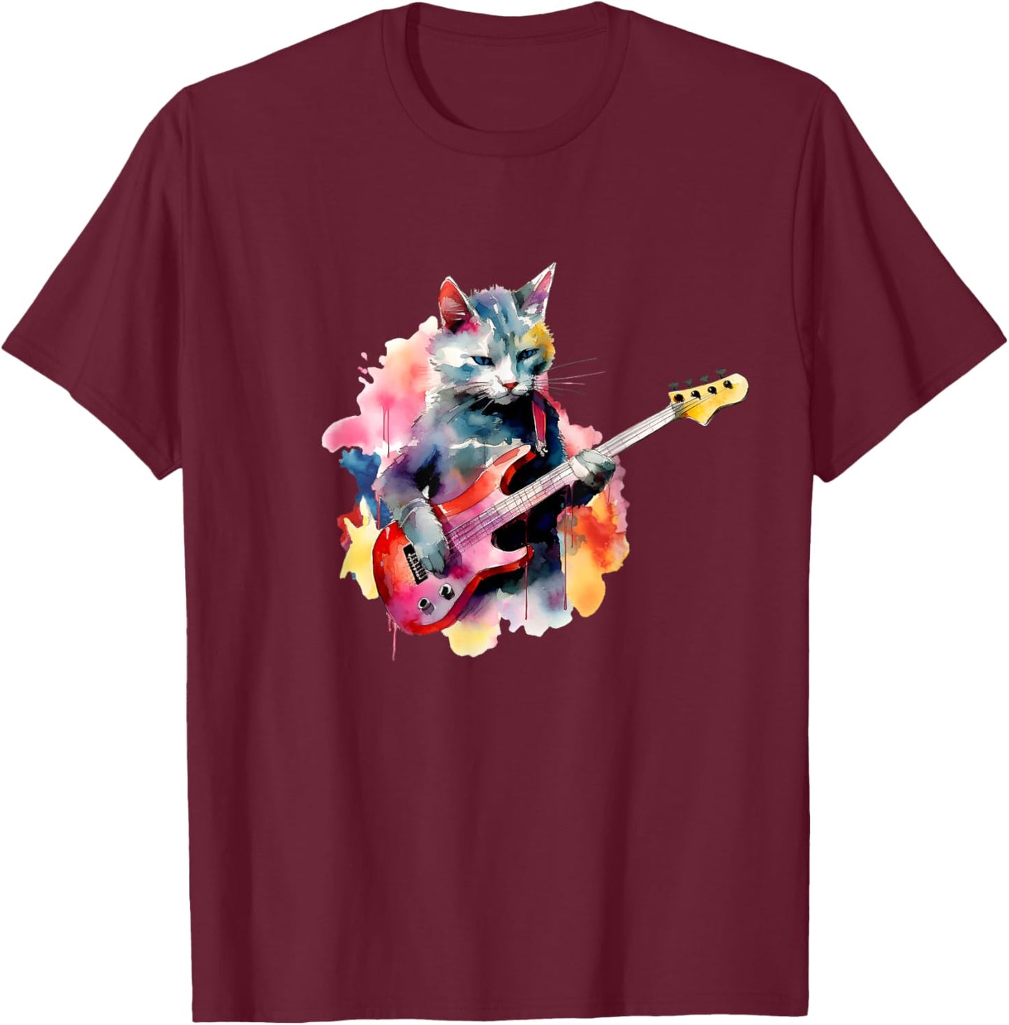 Cat Playing Bass Guitar Watercolor Graphic Design T-Shirt - T-Shirt | Maroon