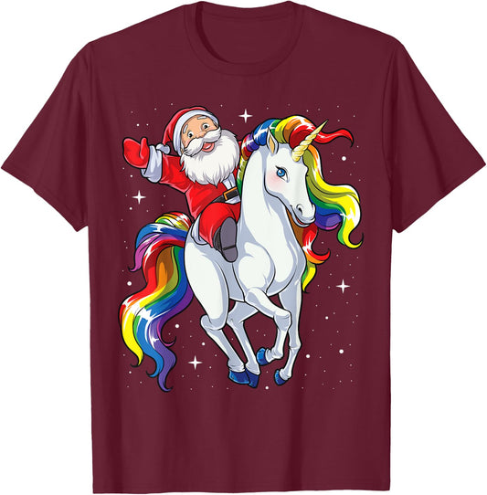 Christmas Santa Riding Unicorn Xmas Gifts Girls Kids Women T-Shirt - T-Shirt | Maroon
