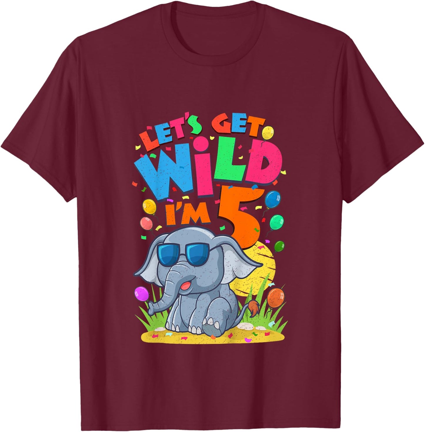 Kids Elephant Birthday Party 5 Year Old Boy 5th BDay Jungle Zoo T-Shirt - T-Shirt | Maroon