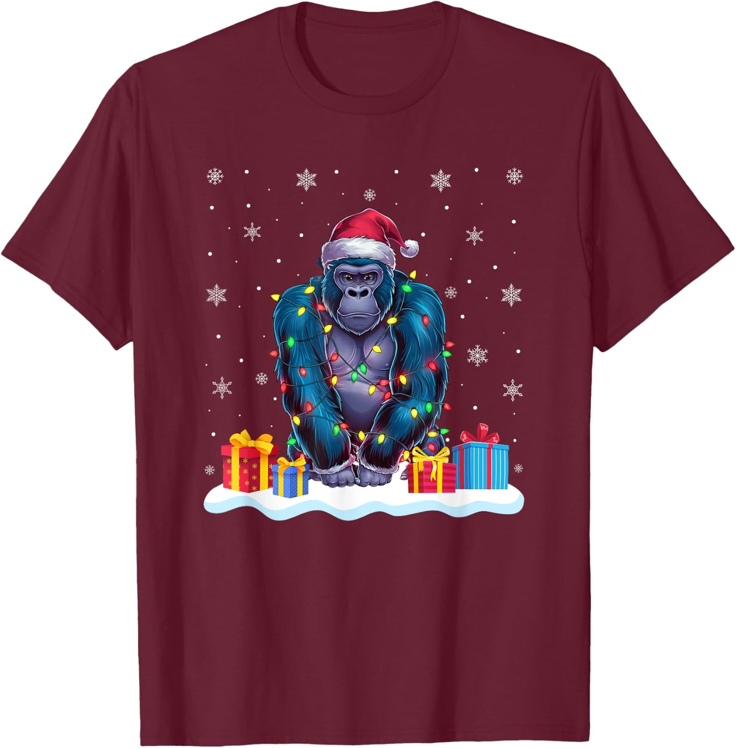 Gorilla Santa Hat Christmas Tree Light Xmas Pajama T-Shirt - T-Shirt | Maroon