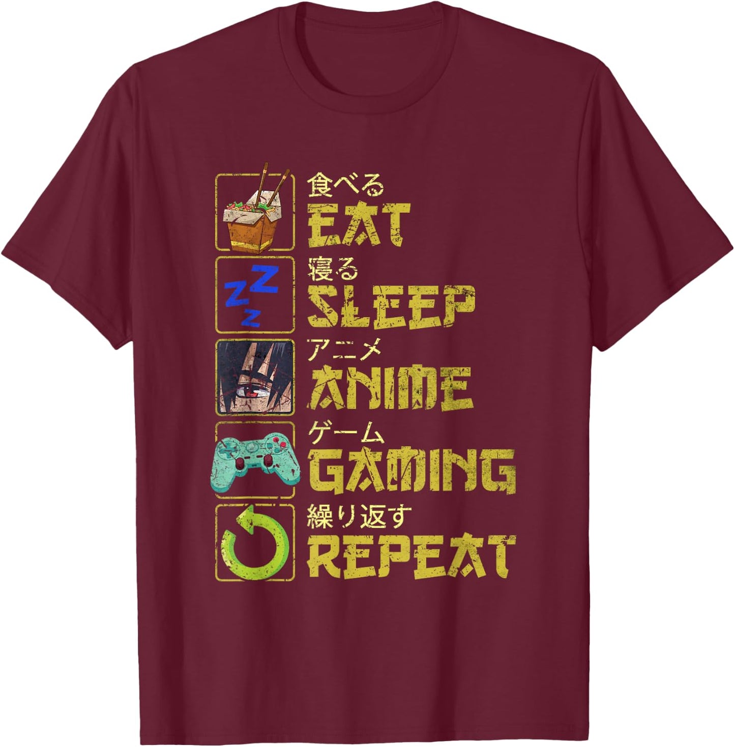 Vintage Eat Sleep Anime Gaming Repeat Kawaii Otaku Manga T-Shirt - T-Shirt | Maroon