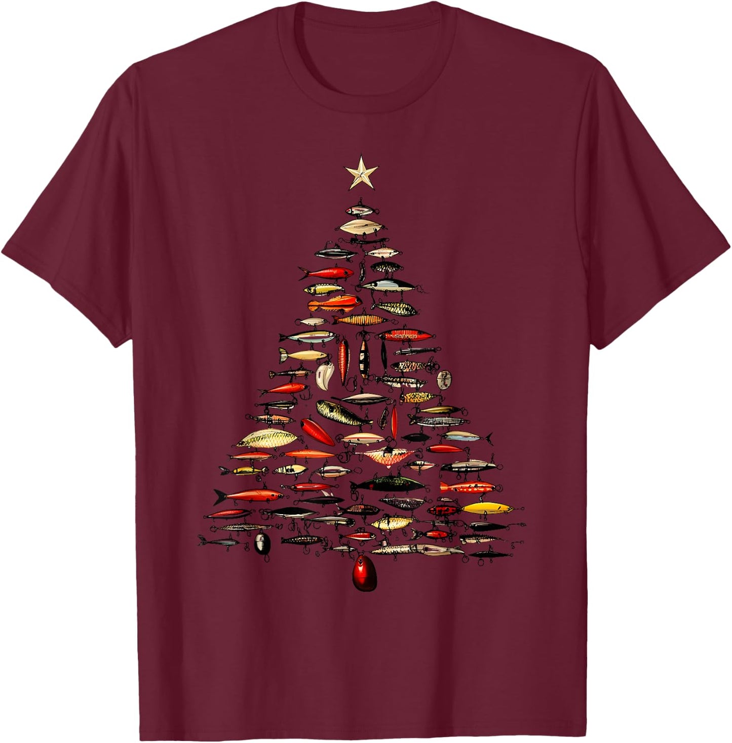 Retro Fishing Lure Christmas Tree Fishermen Fishmas Pajama T-Shirt - T-Shirt | Maroon