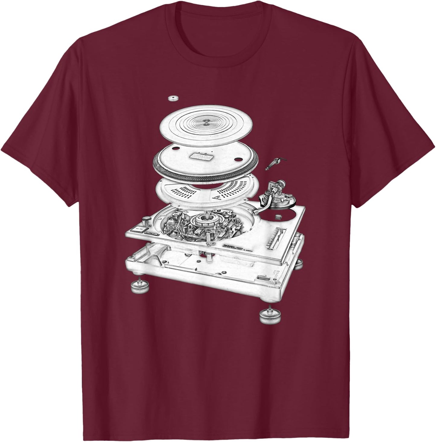 DJ Turntable 1210 MK2 Exploded Blueprint Design Small T-Shirt - T-Shirt | Maroon