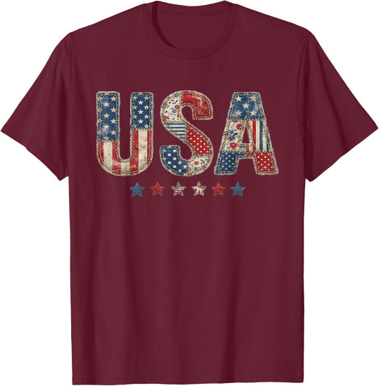 Vintage USA Patchwork Fourth of July Independence Day T-Shirt - T-Shirt | Maroon