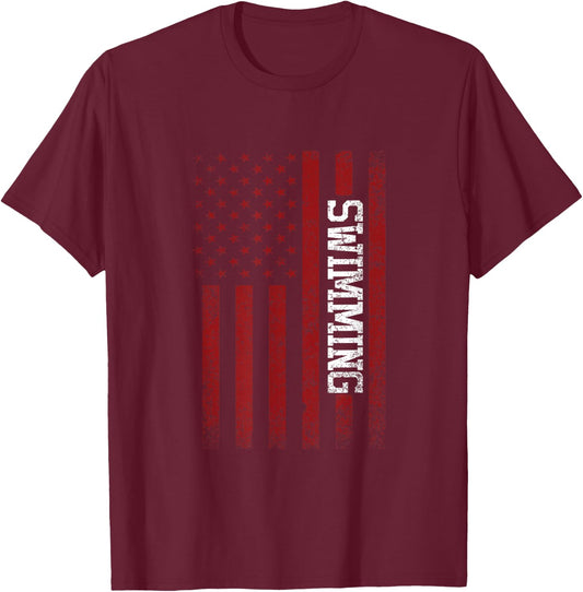 USA Flag American Swimming Team Swimmer T-Shirt - T-Shirt | Maroon