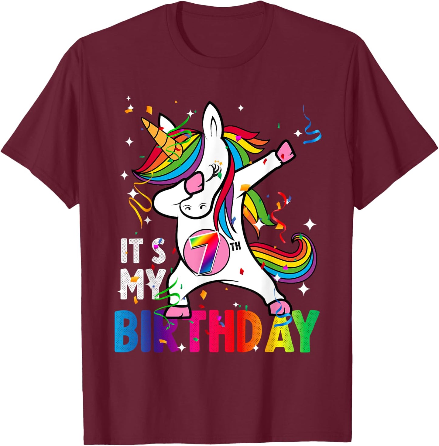7 Years Old Girl Kid 7th Birthday Gift Dabbing Unicorn T-Shirt - T-Shirt | Maroon