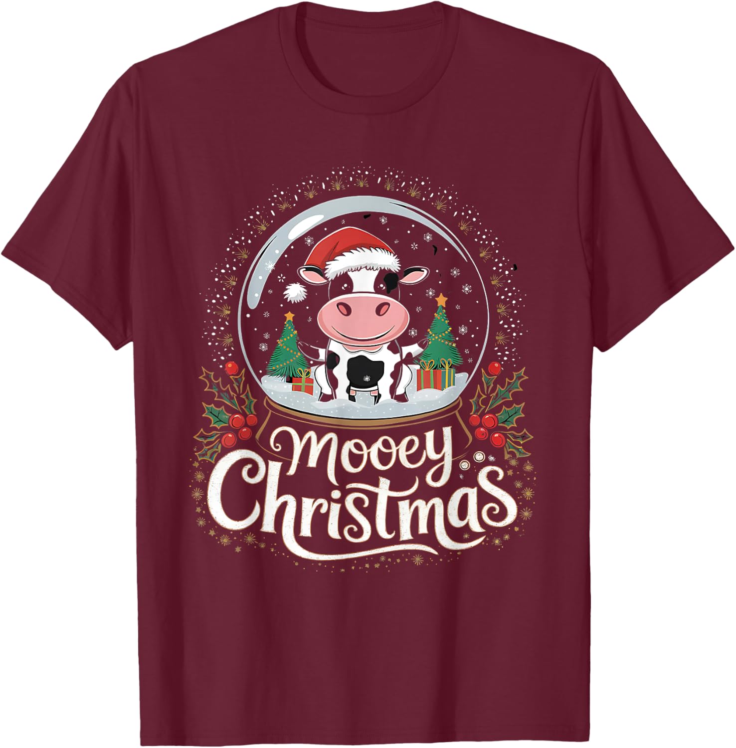 Mooey Christmas Cow Snow Globe Design | Festive Humor T-Shirt - T-Shirt | Maroon
